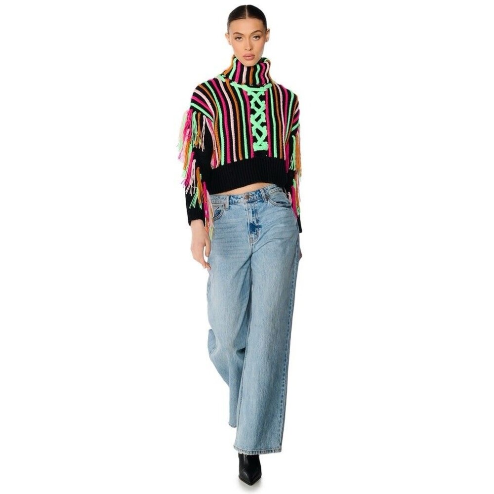 Akira Womens Size Large Check It Out Long Sleeve Vibrant Fringe Detail Sweater